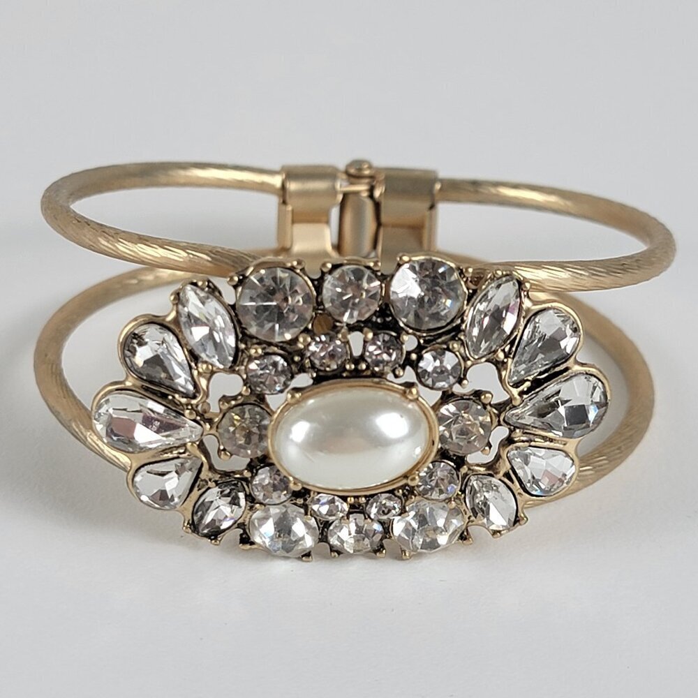 Gold Tone White Faux Pearl Clear Crystal Clamper Bracelet 6 In
